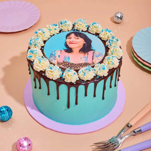 Edible Image Photo Cake by Crumbs & Doilies with custom photo, chocolate drip, and buttercream decoration.